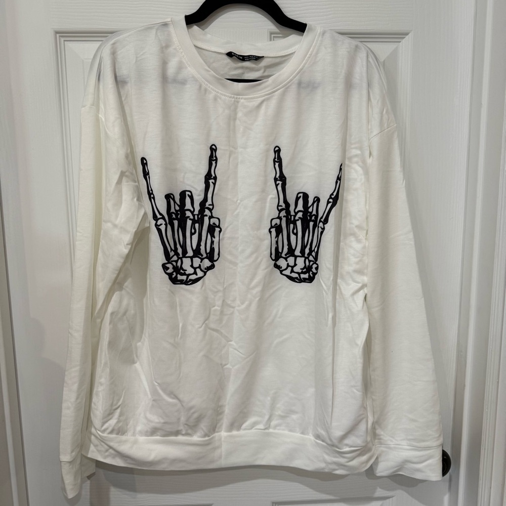 White with Black Skeleton Bones Rock On Hands Lightweight Sweatshirt